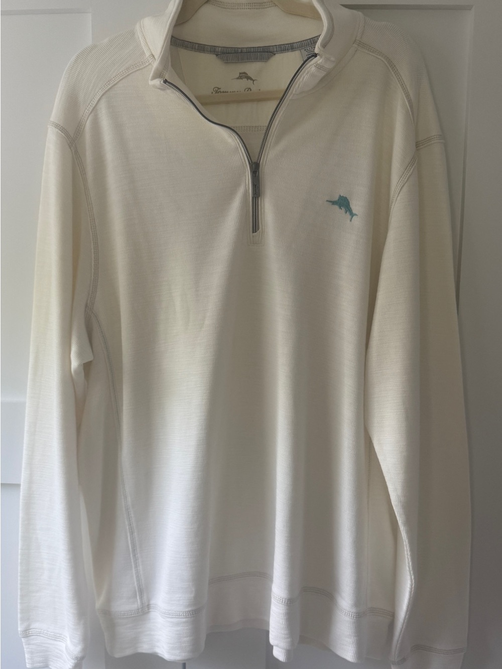 Tommy Bahama Cream Quarter-Zip Pullover with Teal Dolphin Logo